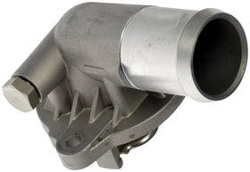 Dorman thermostat housing front view showing robust aluminum construction and improved durability