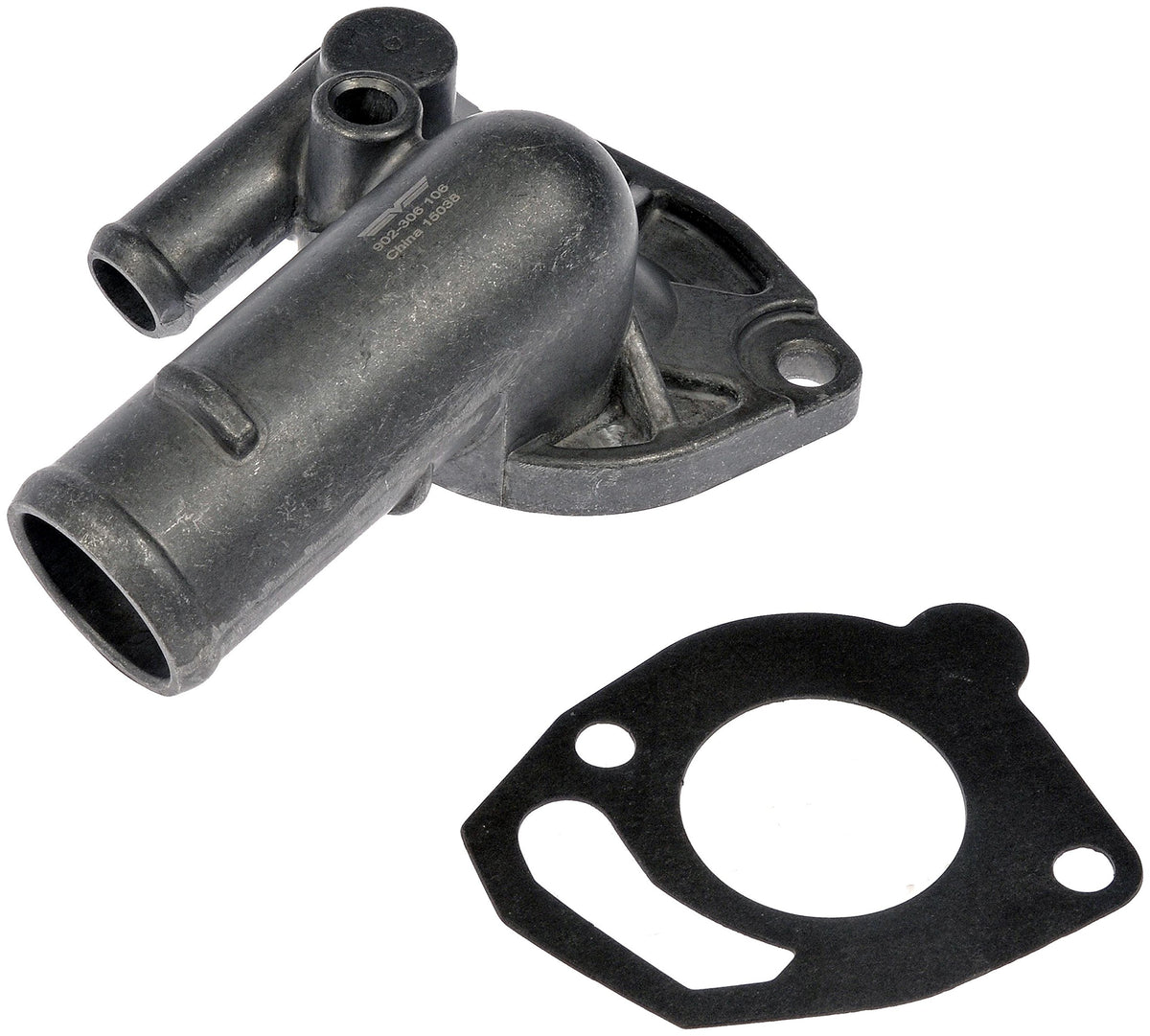 Dorman thermostat housing front view showing mounting points and fit benefits