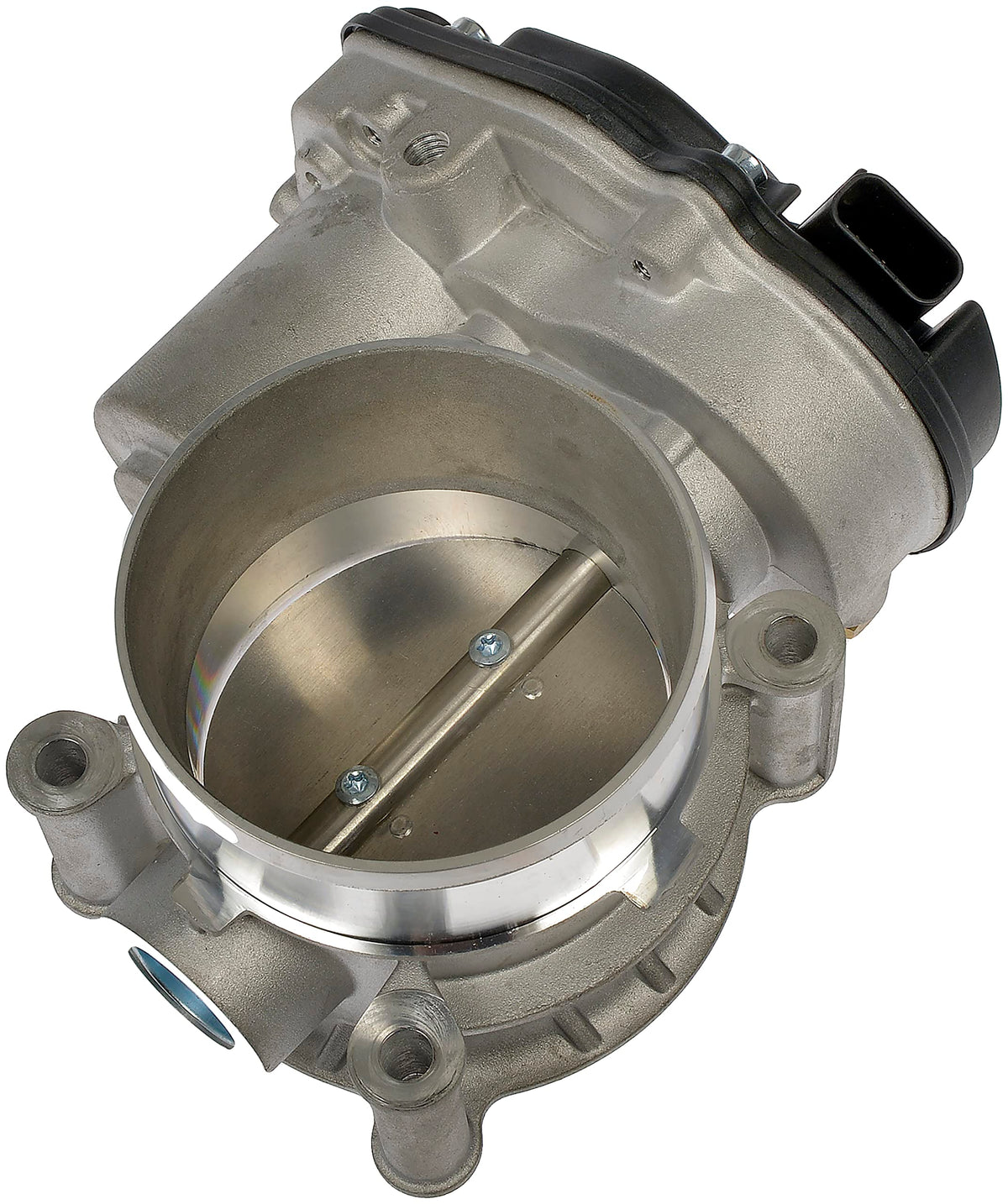 Dorman throttle body front view showing mounting and throttle plate, durable replacement benefit