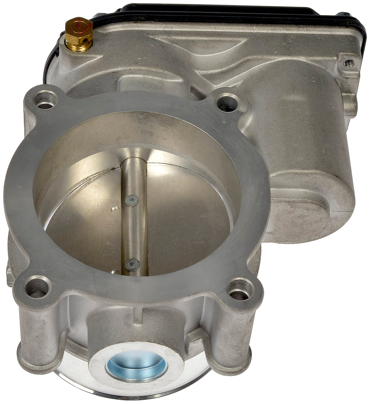 Dorman throttle body side view showing bolt holes and flange, precise fitment benefit