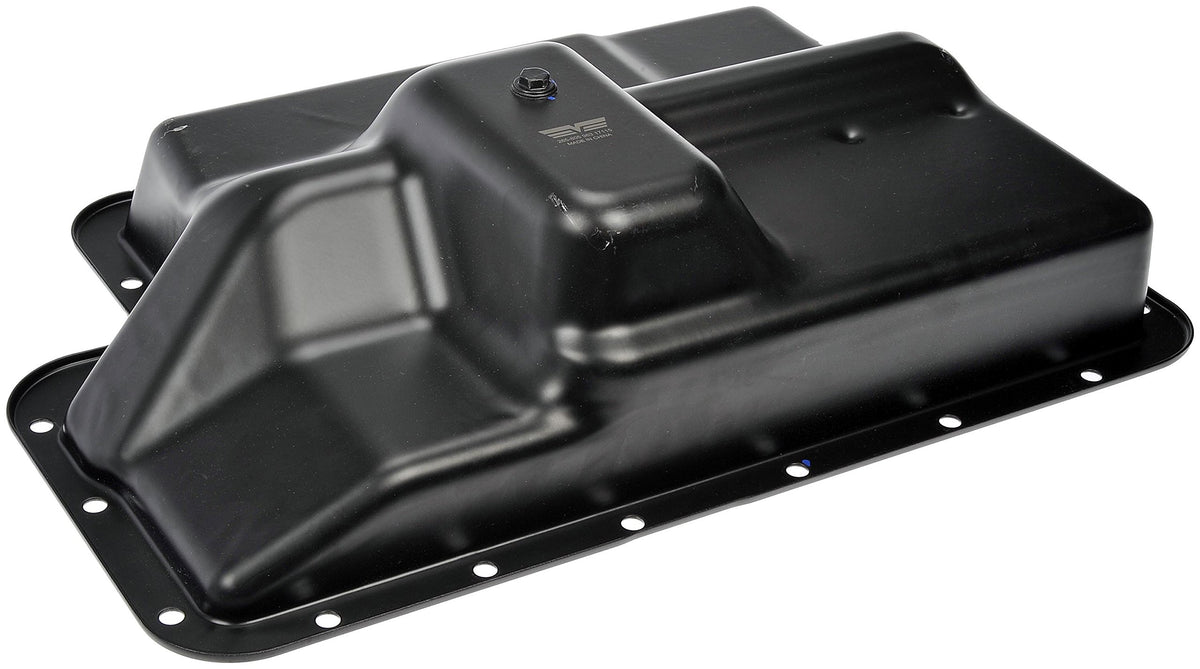 Dorman transmission pan front view showing bolt pattern and precise fit benefits