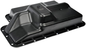 Dorman transmission pan front view showing bolt pattern and precise fit benefits