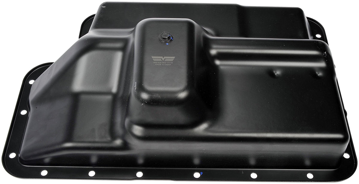 Dorman transmission pan installed under vehicle demonstrating proper fit and ease of replacement