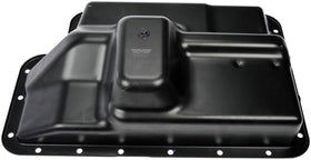Dorman transmission pan installed under vehicle demonstrating proper fit and ease of replacement