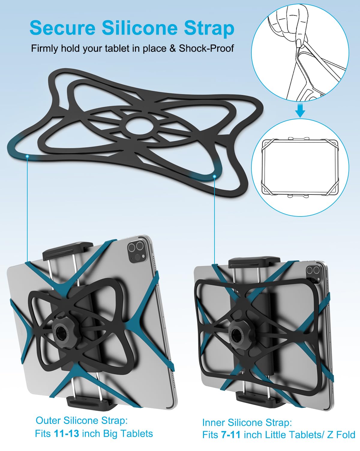 Dosvsi rubber straps securing tablet for shock absorption on roads