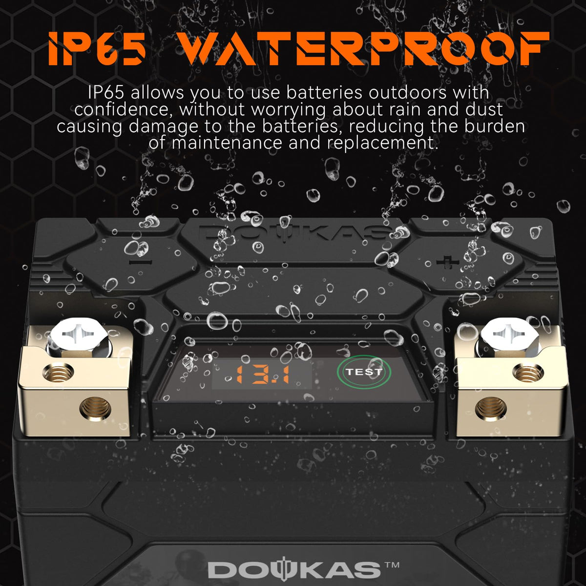 DOUKAS DKL5 inside a motorcycle battery compartment showing direct fit and convenience