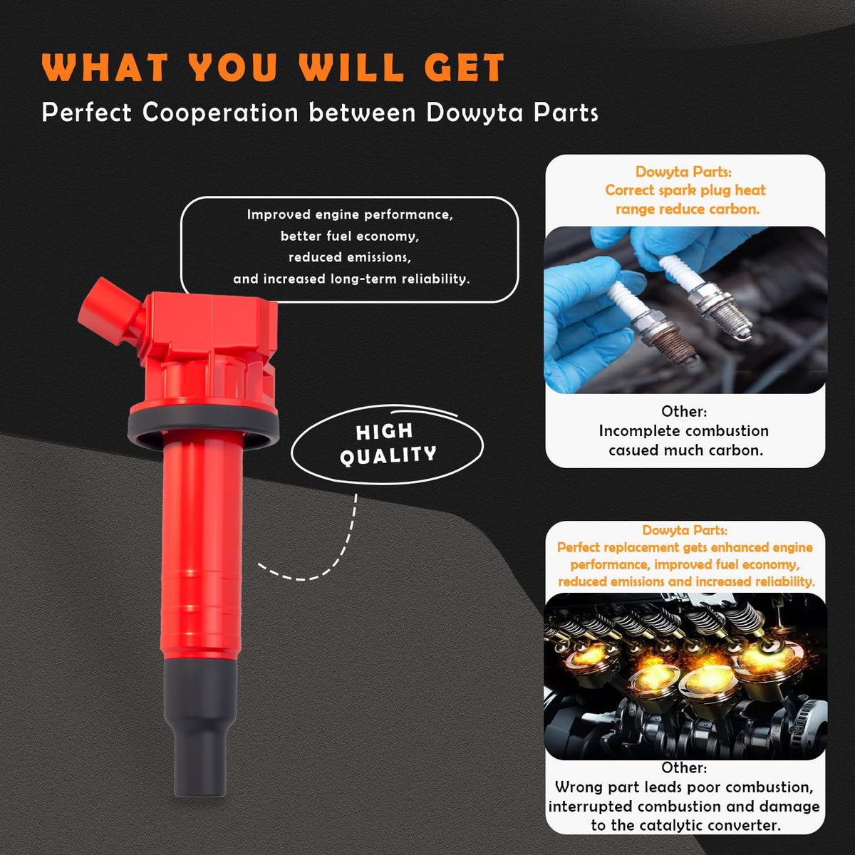 DOWYTA ignition coil close-up highlighting durable housing and improved cooling