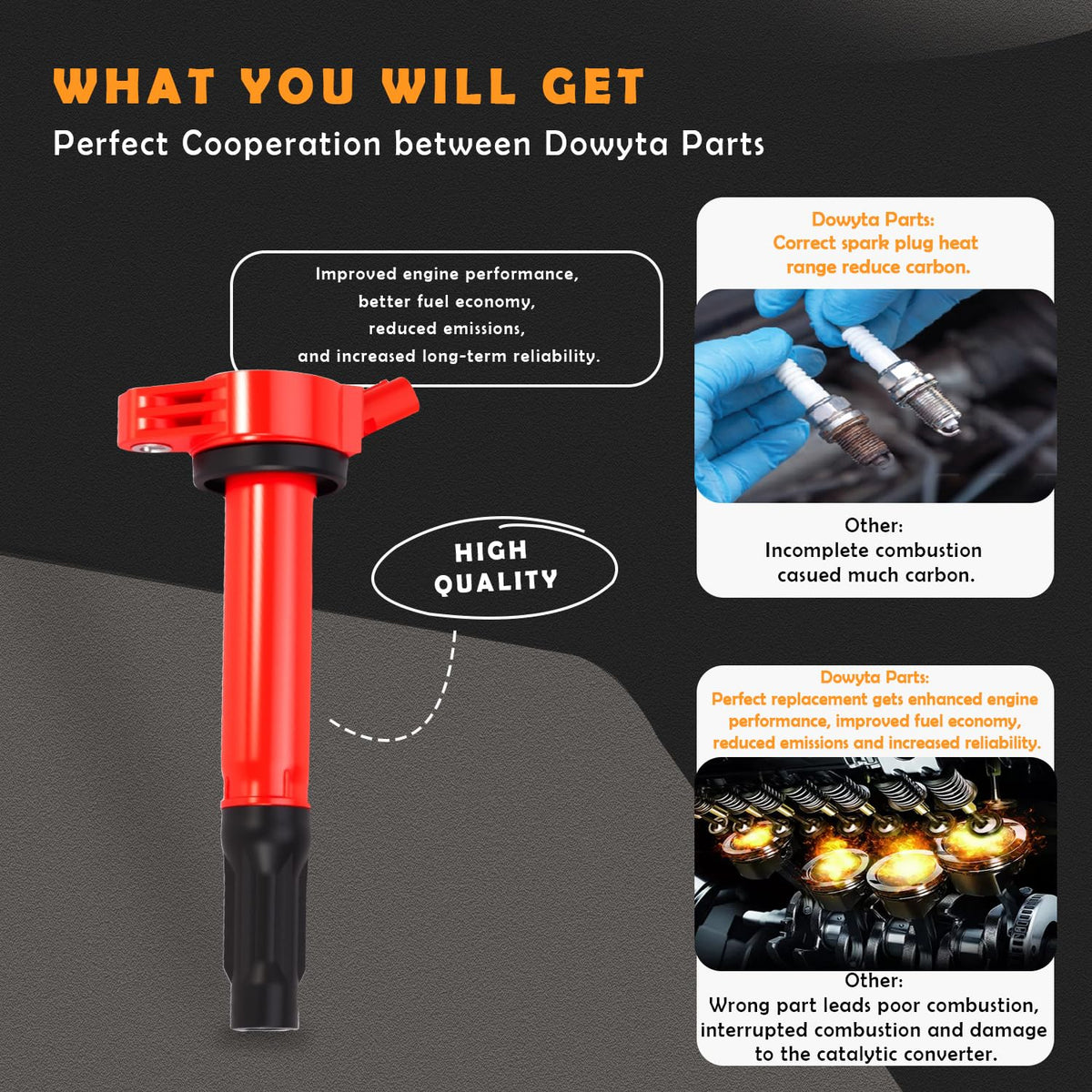 DOWYTA single ignition coil close-up highlighting durable housing and heat dissipation