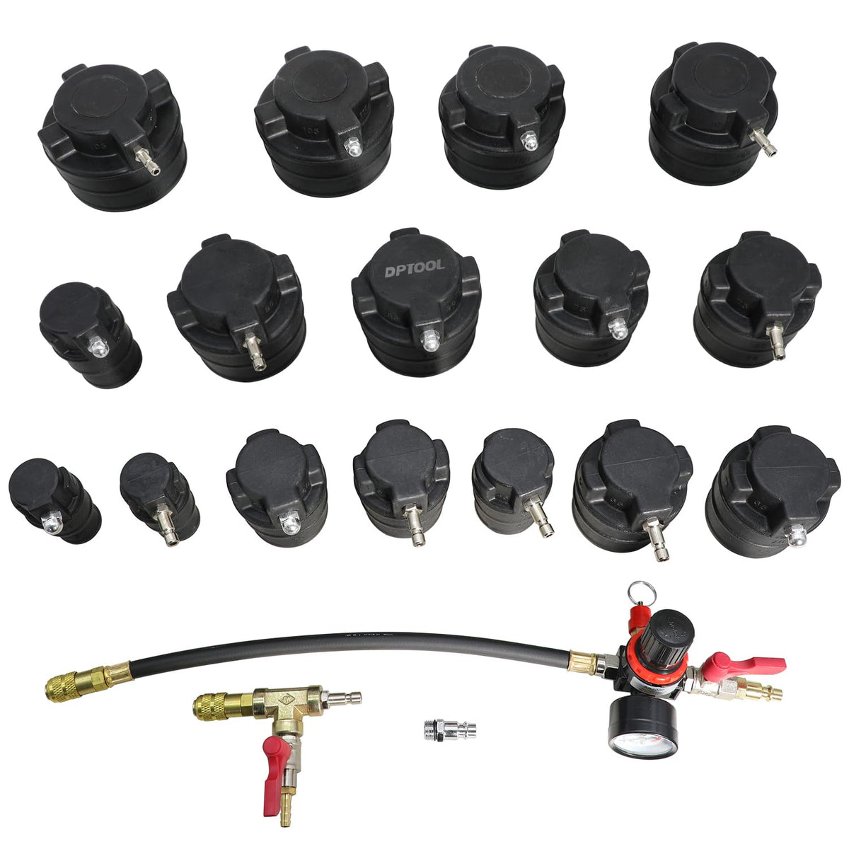 DPTOOL adapters laid out to show 16 stepped sizes for broad hose compatibility