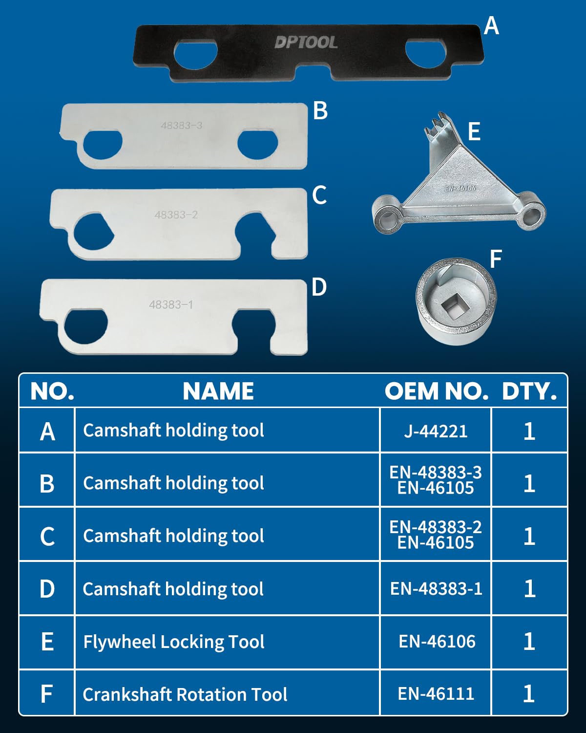 DPTOOL camshaft locking tool close-up showing precise locating pins