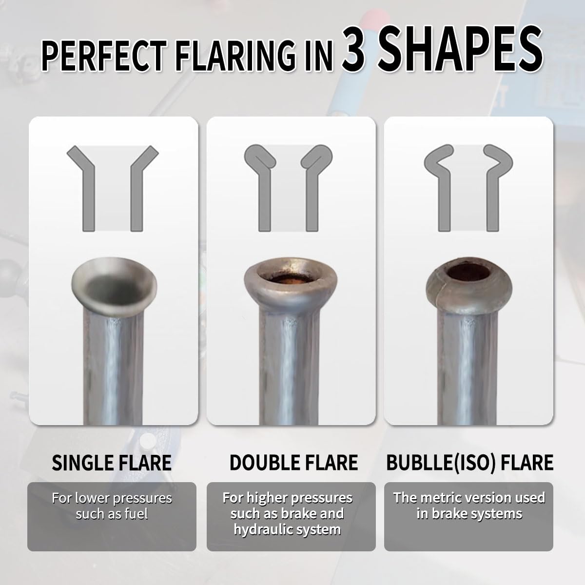 DPTOOL flared tubing comparison showing 37° and 45° profiles for reliable sealing