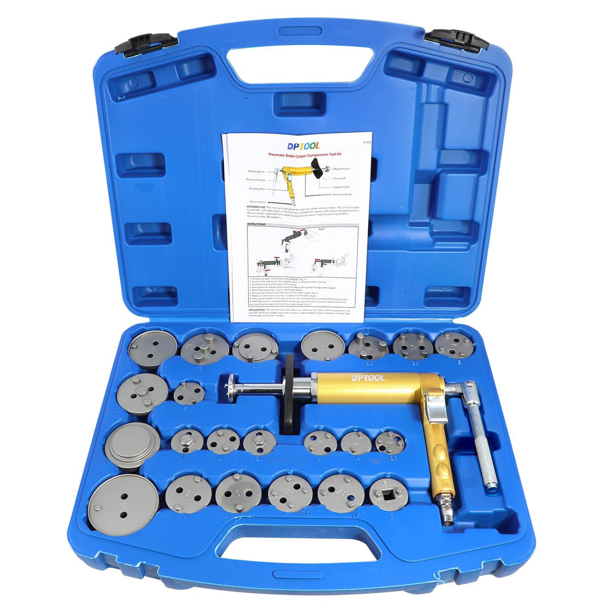 DPTOOL front view of 23Pc kit showing pump and adapters for fast piston resetting