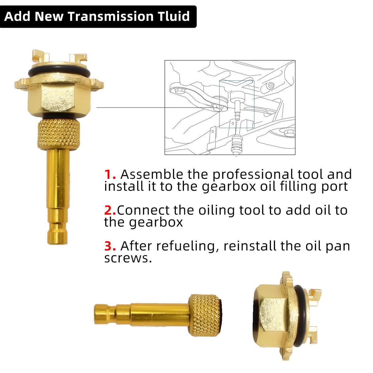 DPTOOL adapter connected to Mercedes transmission showing leak‑free fill for safe refilling