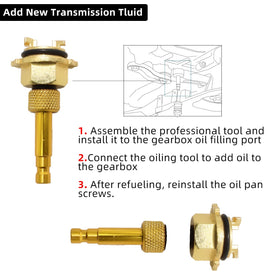 DPTOOL adapter connected to Mercedes transmission showing leak‑free fill for safe refilling