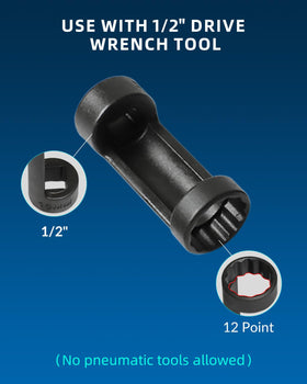 DPTOOL socket engaged on a strut nut during removal demonstrating controlled, secure fit