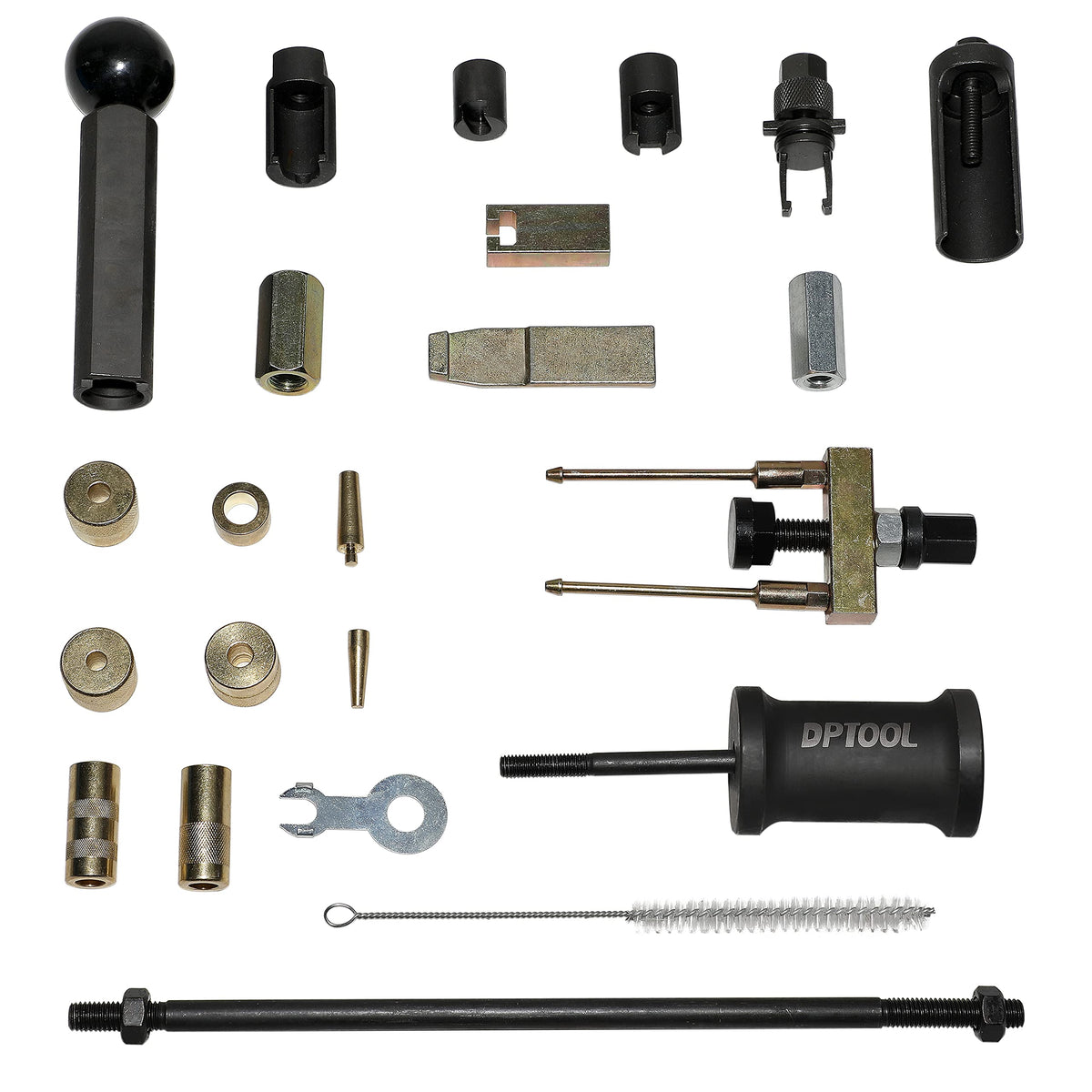 DPTOOL closeup of multiple puller adapters matching injector shapes