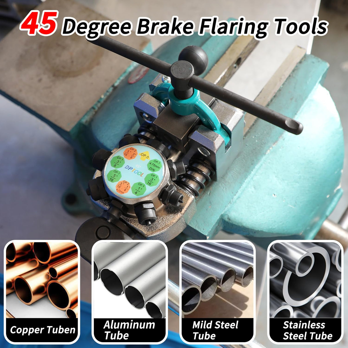 DPTOOL rotating die head closeup showing 45° index and quick selection benefit