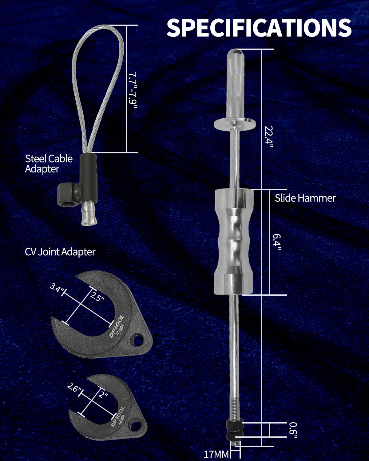 DPTOOL with ruler scale comparison showing kit size and useful shaft length