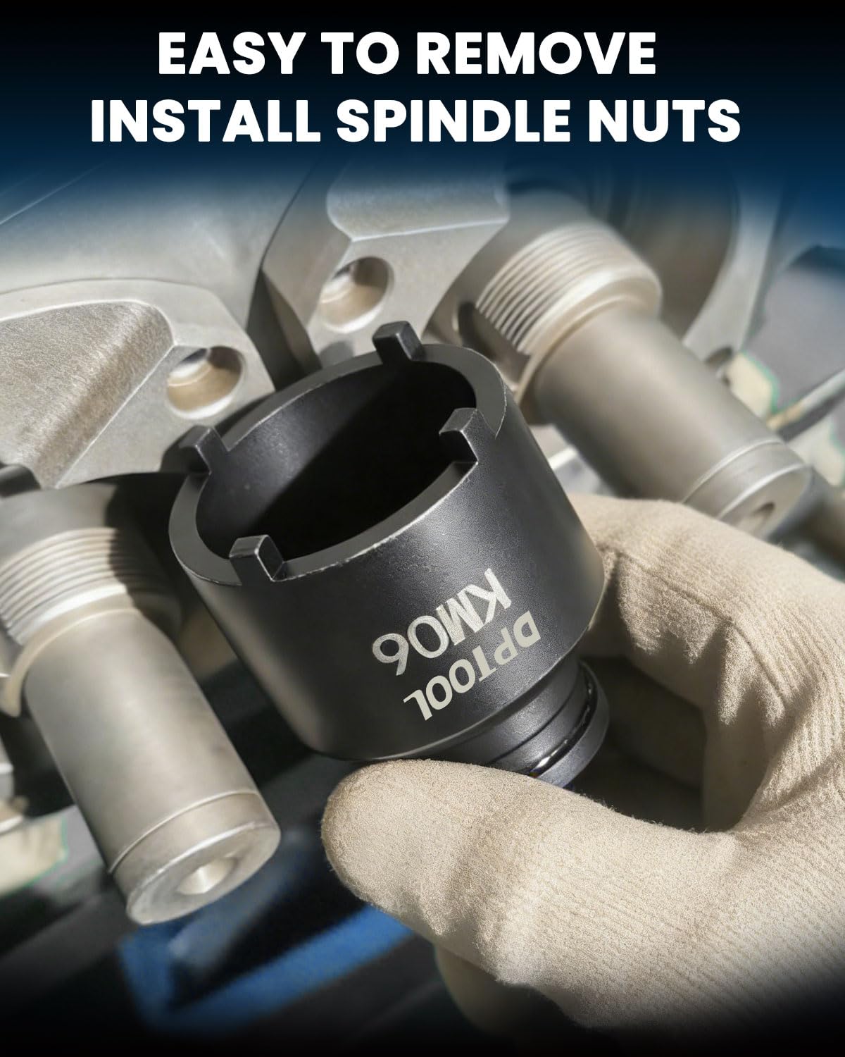 DPTOOL socket engaged on axle nut showing safe removal benefit