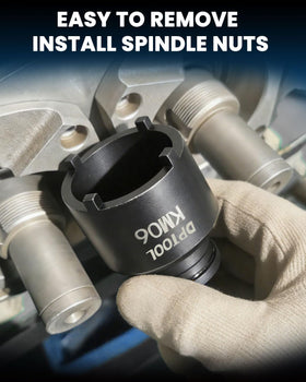 DPTOOL socket engaged on axle nut showing safe removal benefit