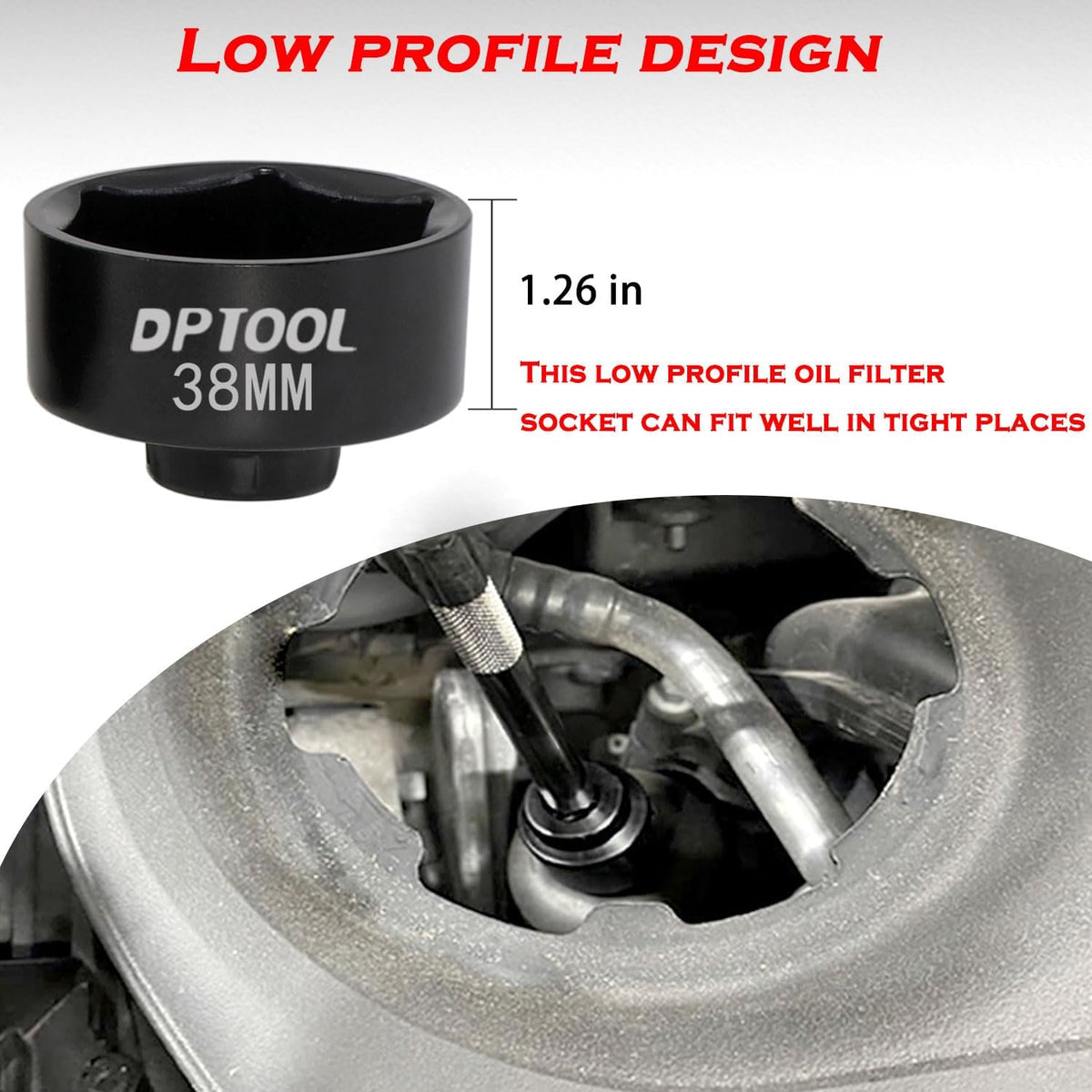 DPTOOL socket engaged on car filter housing for quicker removal