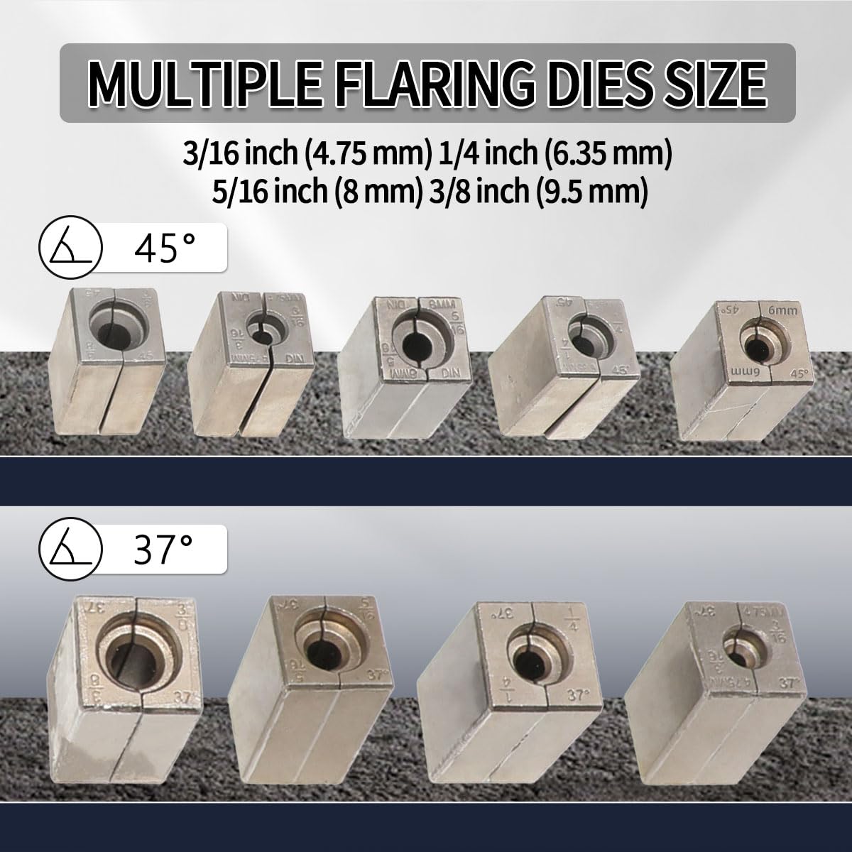 DPTOOL lineup of split dies showing sizes and fast selection for common tube diameters