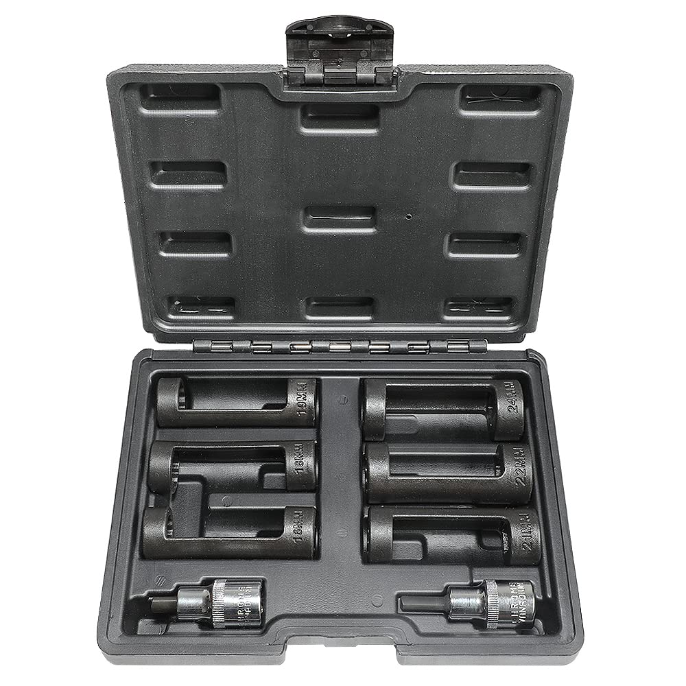 DPTOOL front view of the complete strut nut socket set showing sizes and layout, ensures correct selection