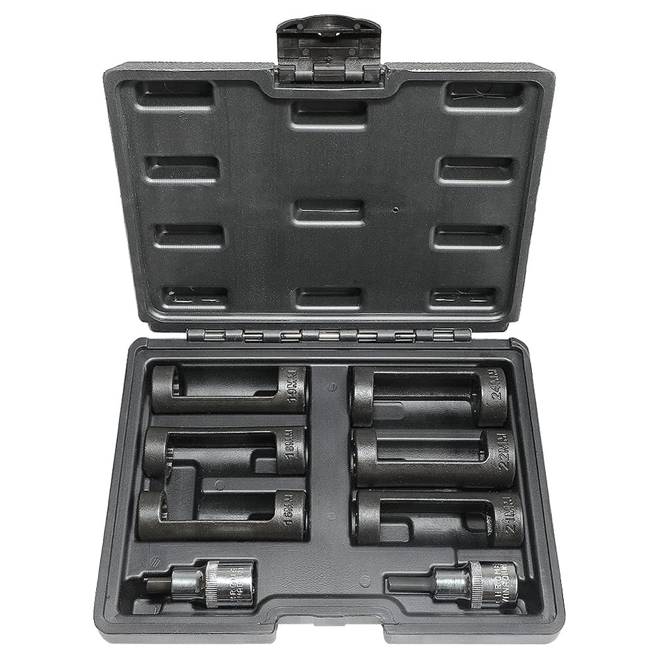 DPTOOL front view of the complete strut nut socket set showing sizes and layout, ensures correct selection