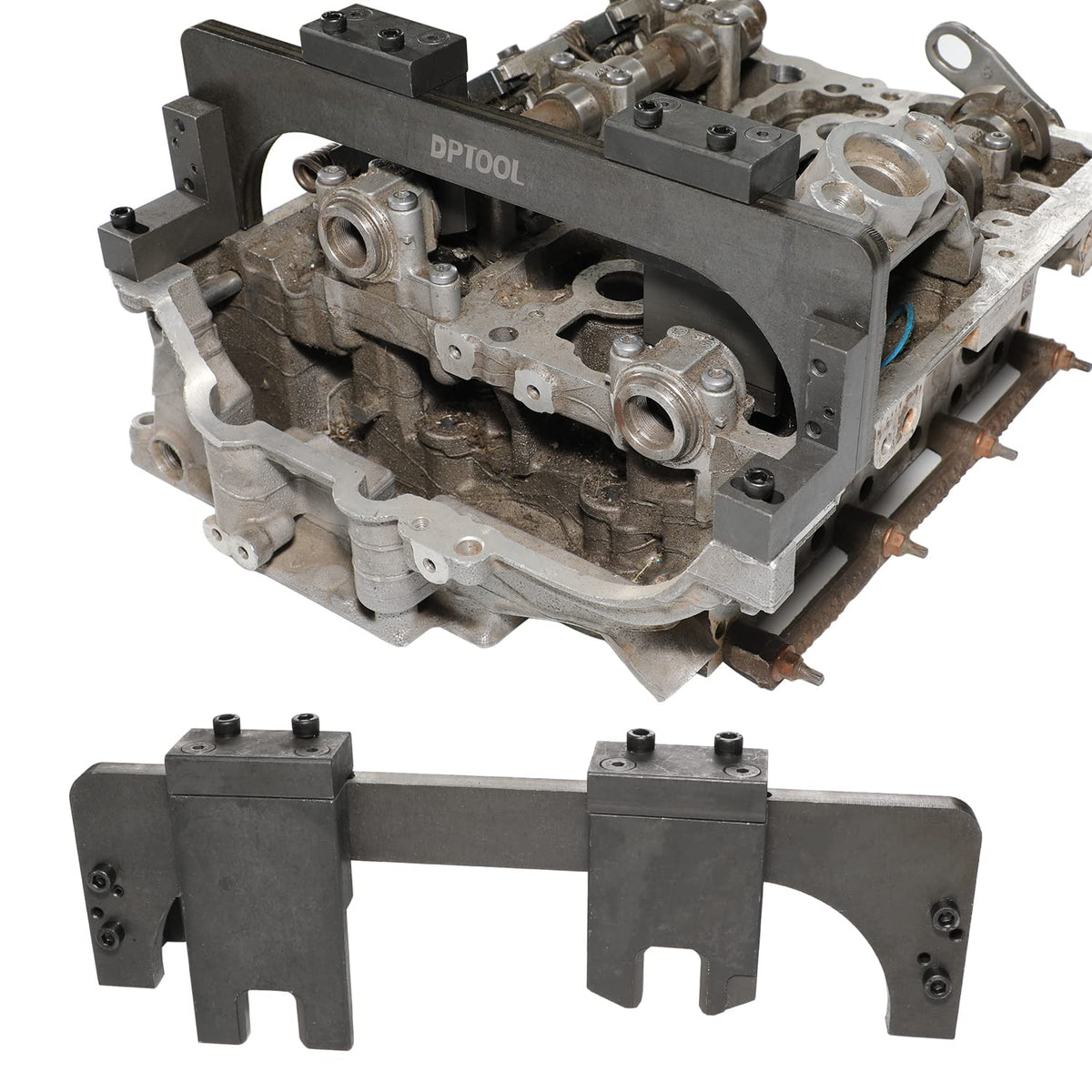 DPTOOL timing pin and tensioner arranged on bench for organized workflow and faster service benefit