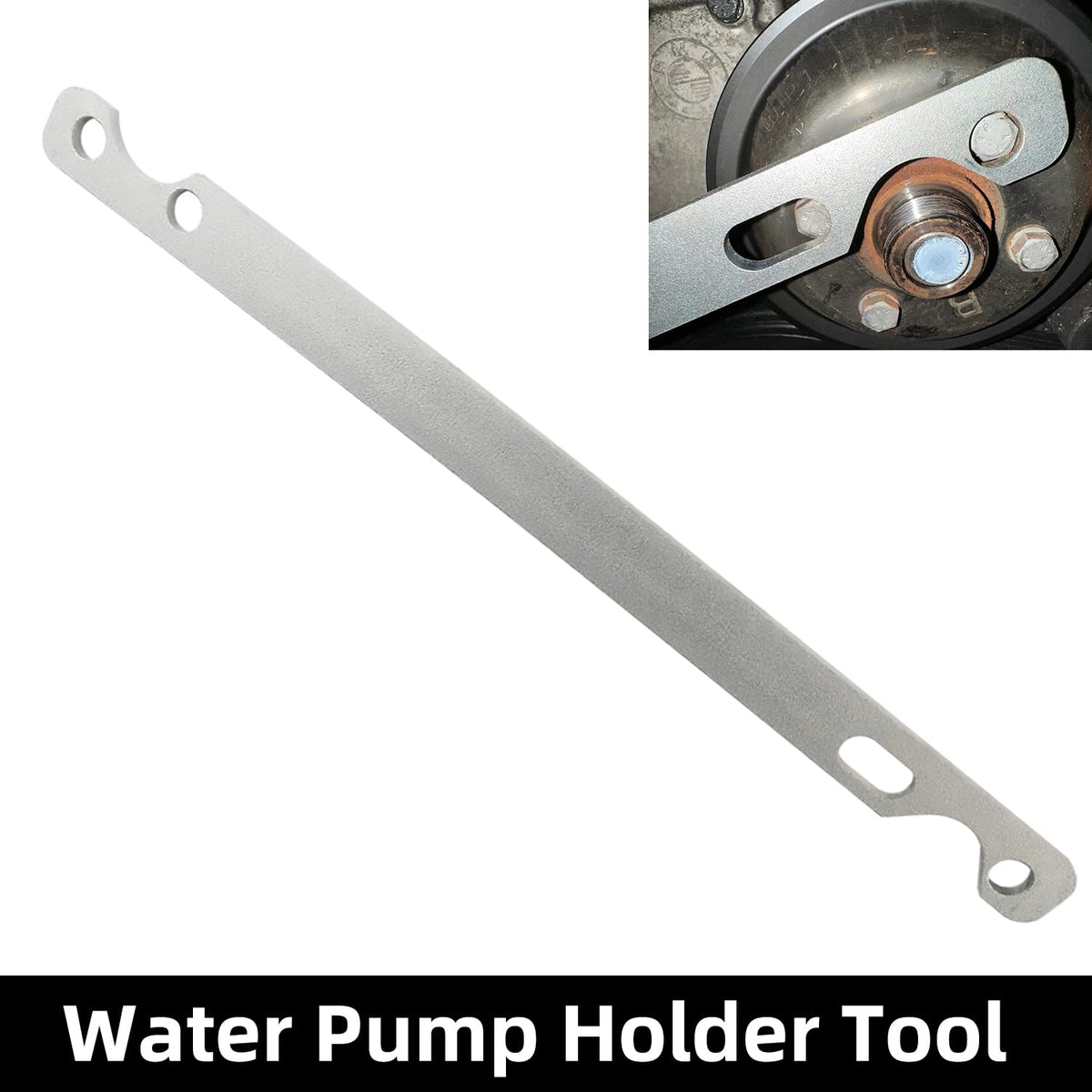 DPTOOL engaged on a BMW water pump pulley to prevent rotation during nut removal
