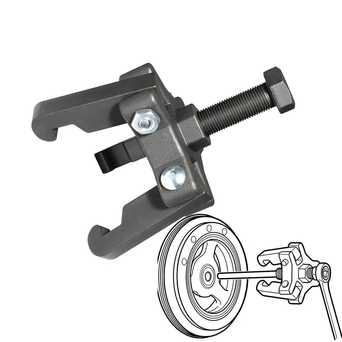 DPTOOL pulley puller installed in engine bay showing space-saving removal benefit