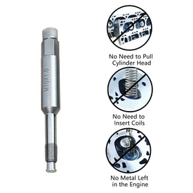 DPTOOL tool inserted into spark plug hole showing controlled repair benefit