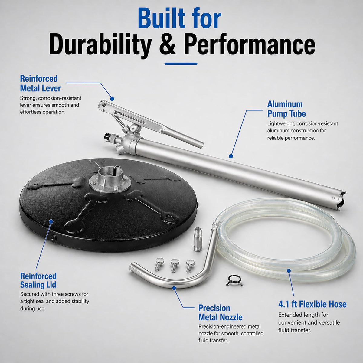 DR. tuer pump beside common garage tools showing scale and compact storage benefit