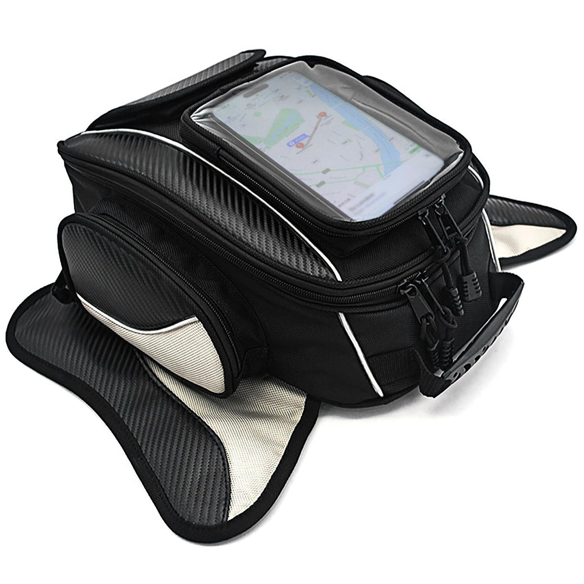 Dracarys front view of black tank bag showing compact storage and quick access