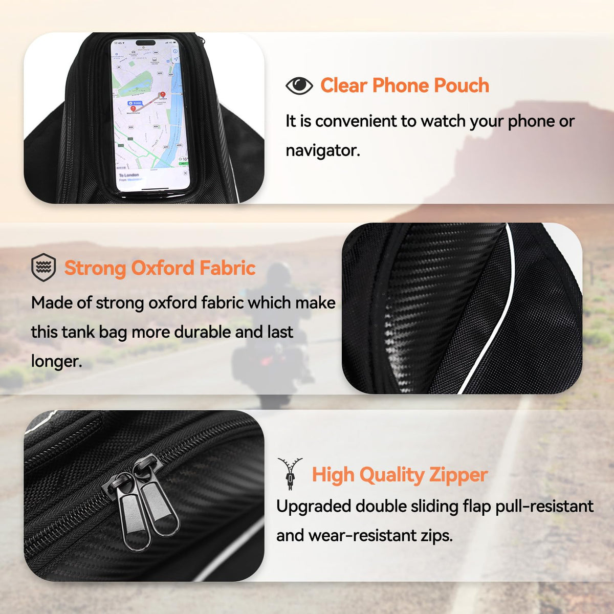 Dracarys tank bag mounted on a motorcycle showing practical use