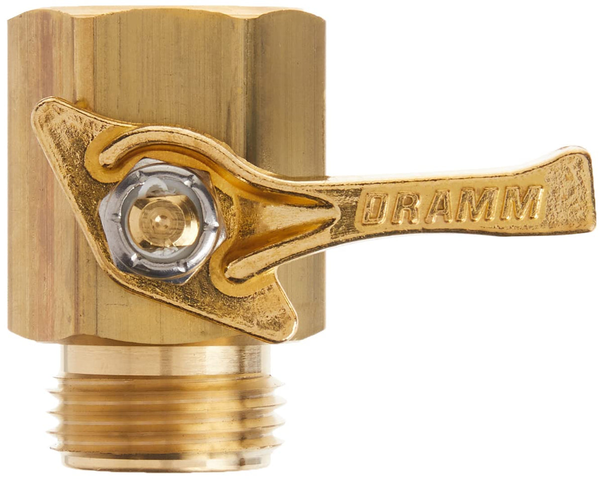 Dramm brass shut-off valve front view showing durable construction and easy control