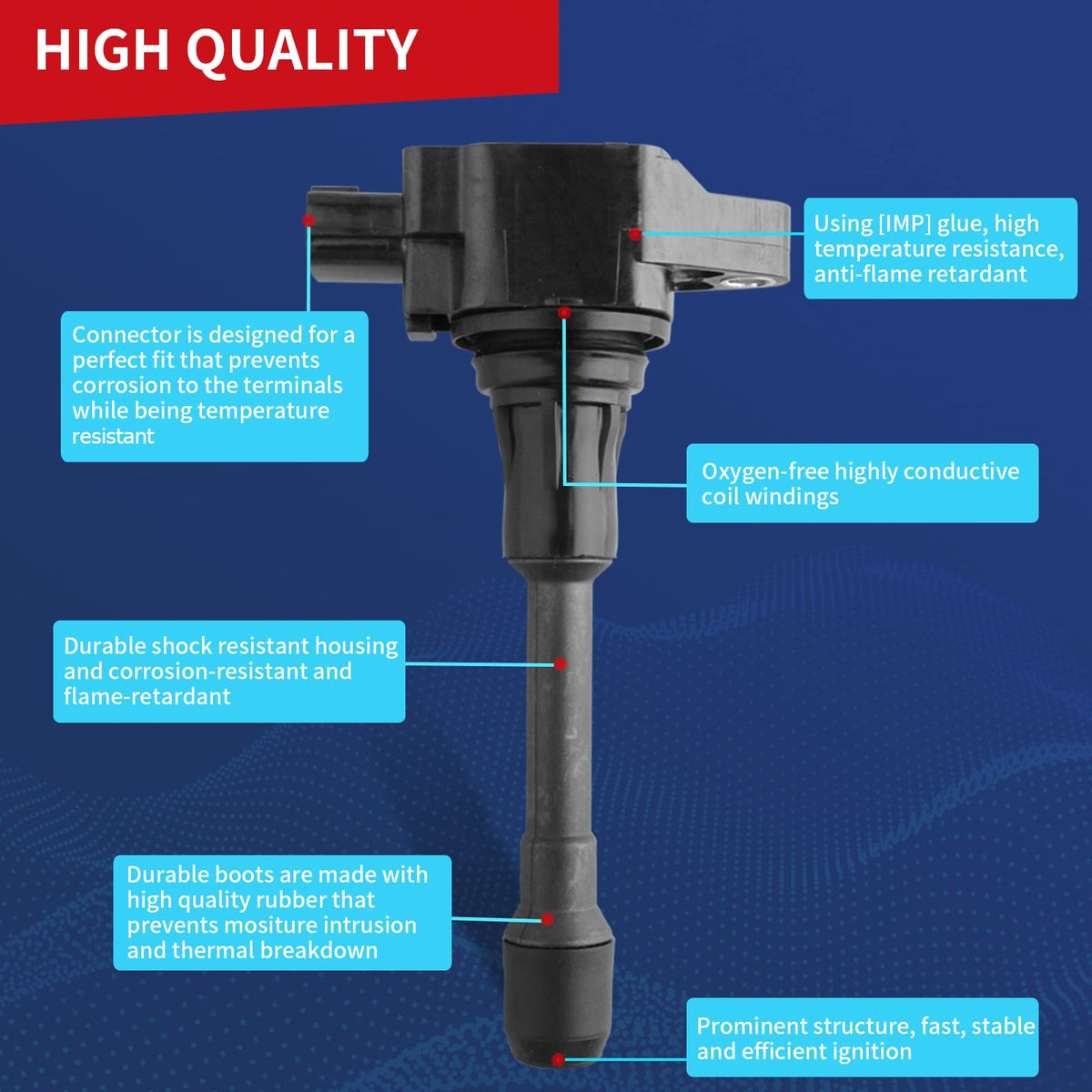 DrCax ignition coil installed in engine bay illustrating direct-fit replacement benefit