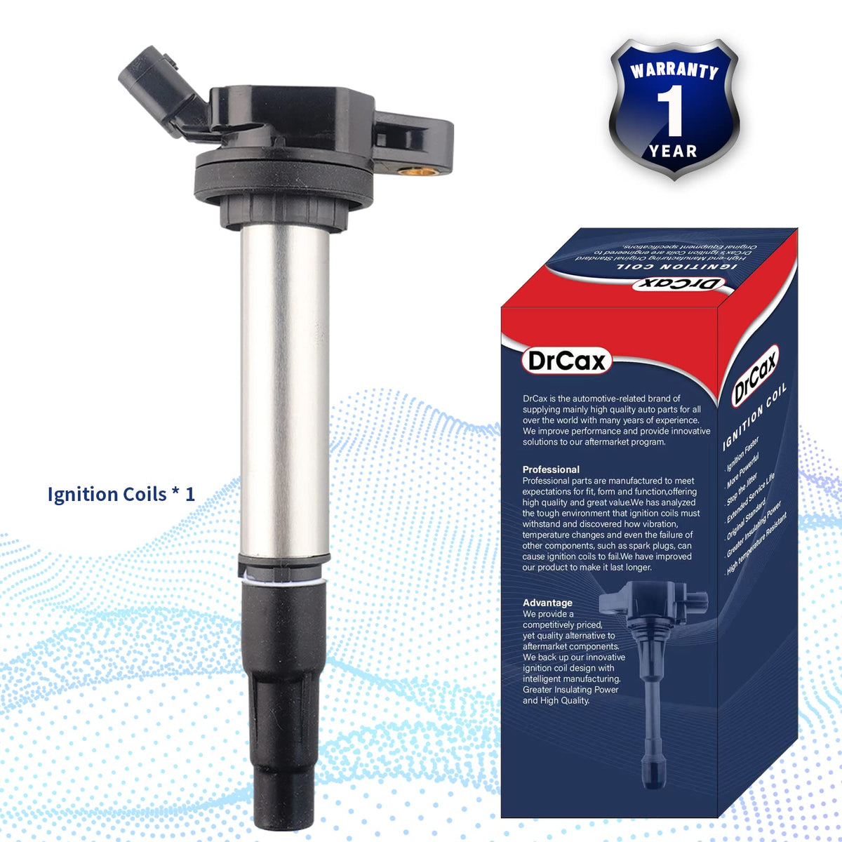 DrCax ignition coil packaging and label showing part number and warranty reassurance