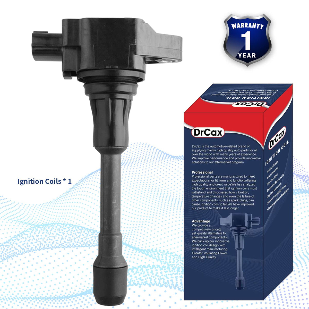 DrCax ignition coil packaging with warranty card highlights purchase protection benefit