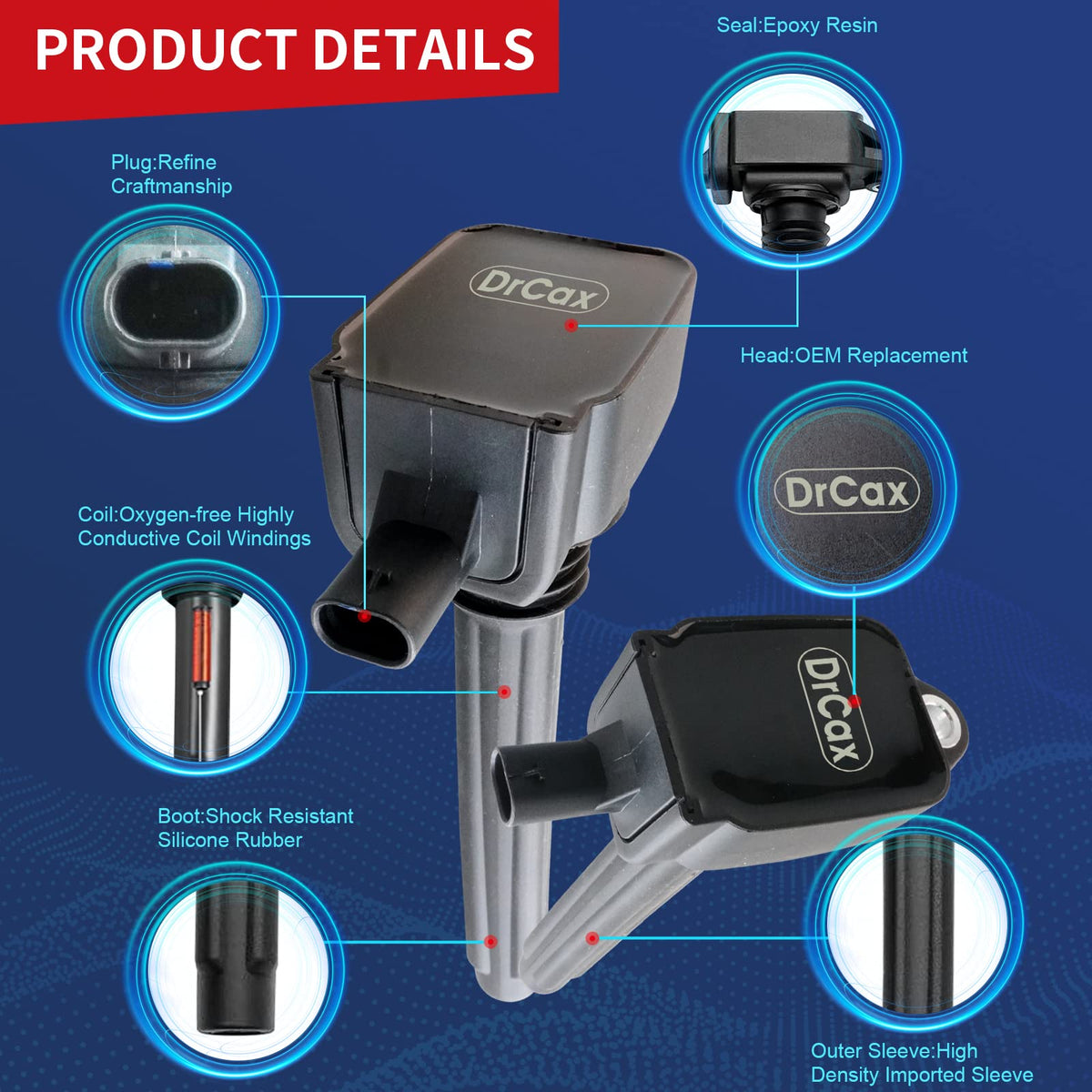 DrCax ignition coil UF648 coil body close-up showing durable insulation and finish
