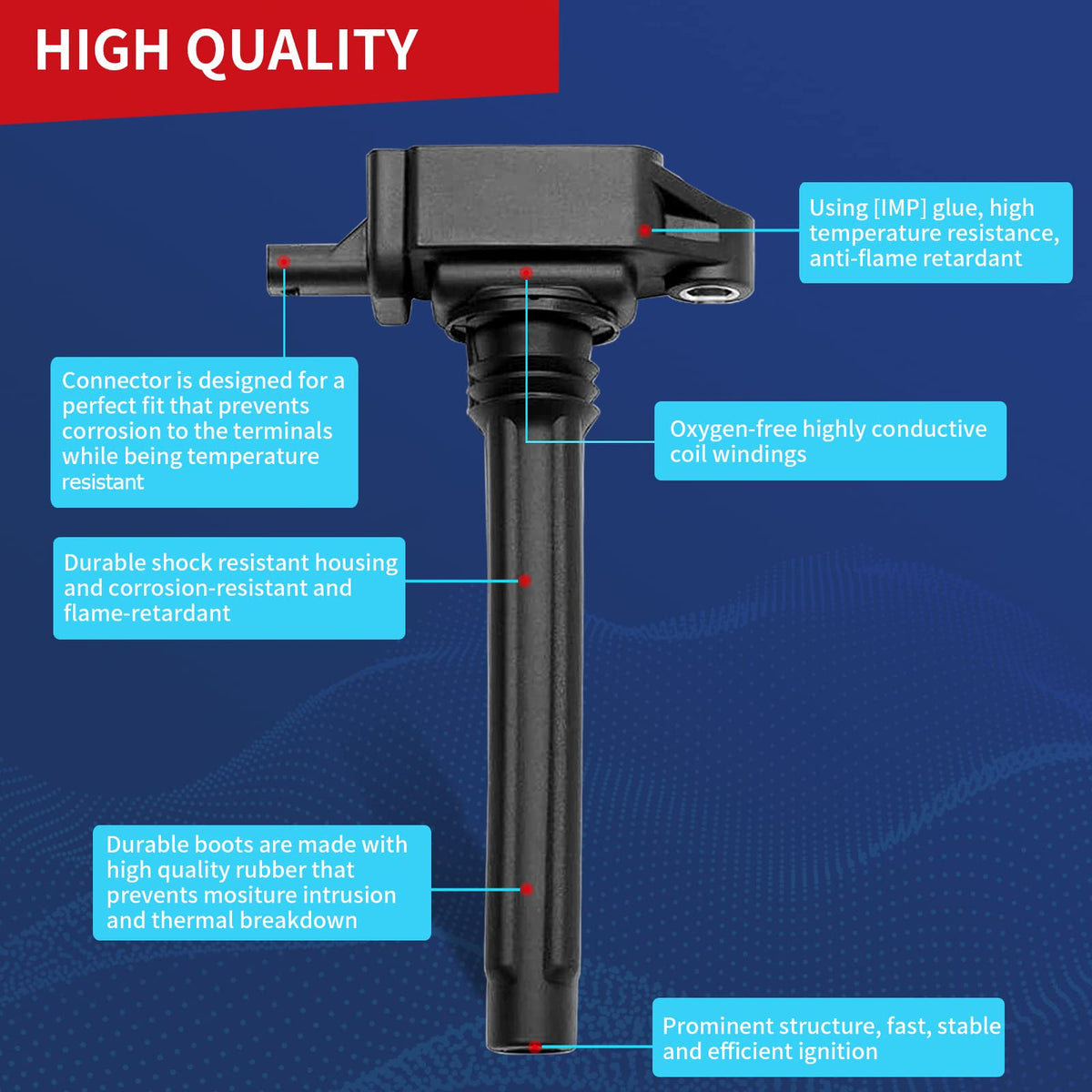 DrCax ignition coil UF648 installed on engine demonstrating direct-fit replacement benefit