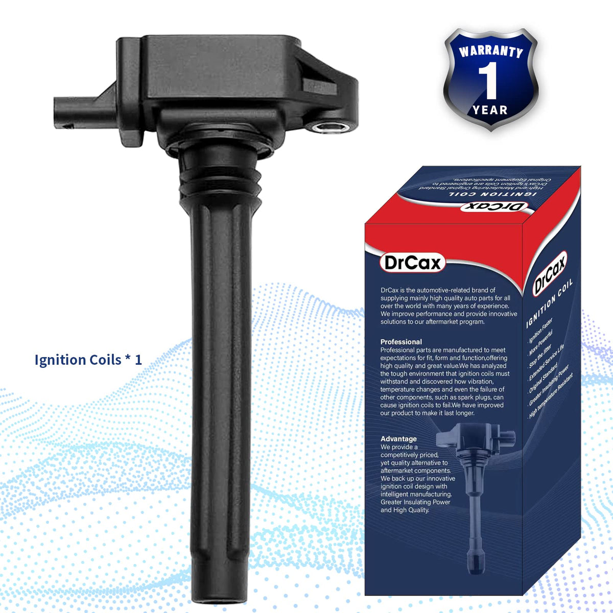 DrCax ignition coil UF648 packaging and label showing part number and warranty benefit