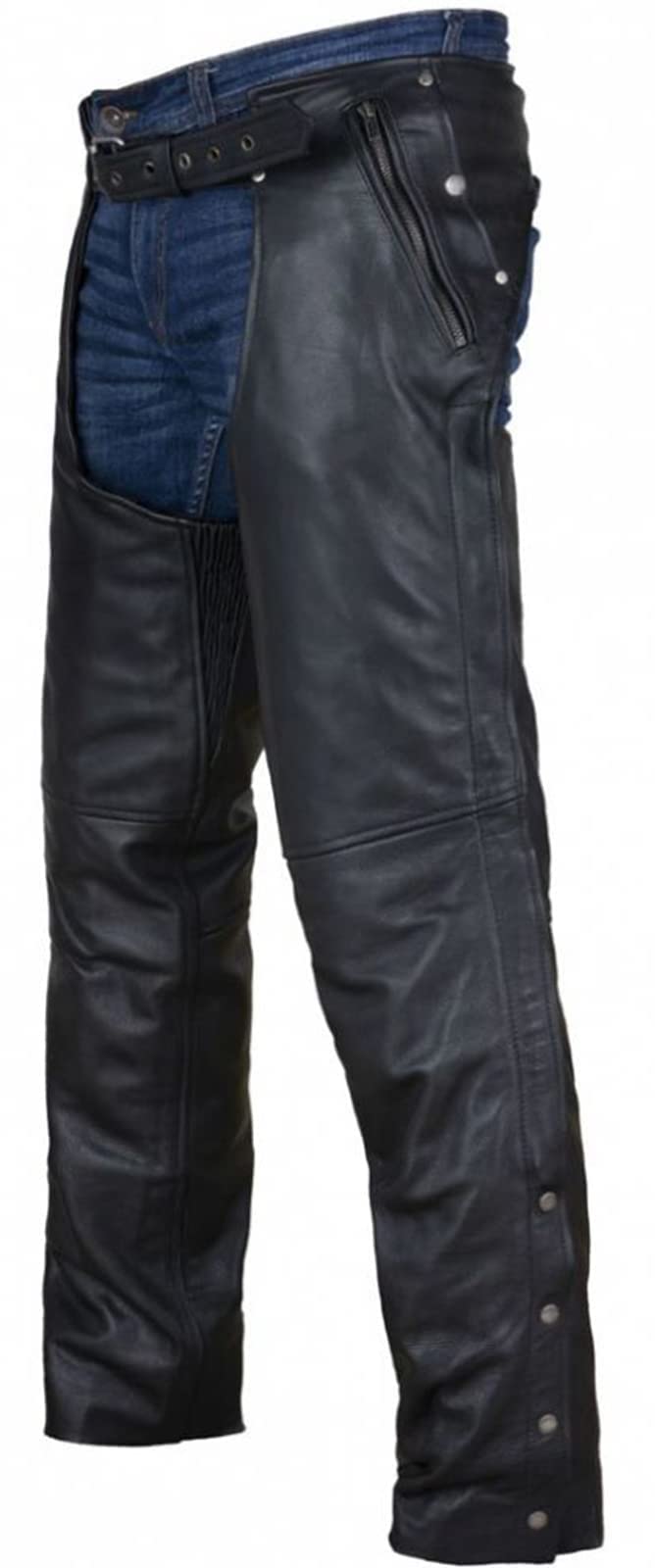 Dream Apparel front view of black leather chaps showing full-length protection and style