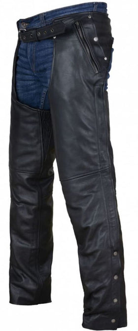 Dream Apparel front view of black leather chaps showing full-length protection and style