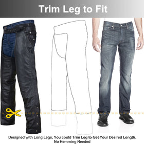 Dream Apparel chaps next to boot demonstrating extra-long legs and easy length customization