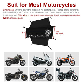 Dream Apparel seat cover installed on motorcycle protecting seat from weather