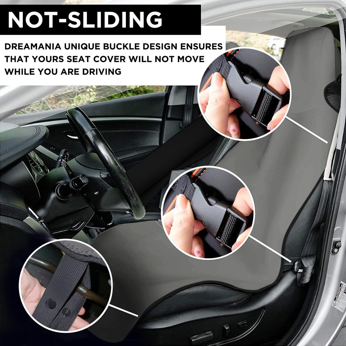 DREAMANIA seat cover with dog in car illustrating pet-friendly protection