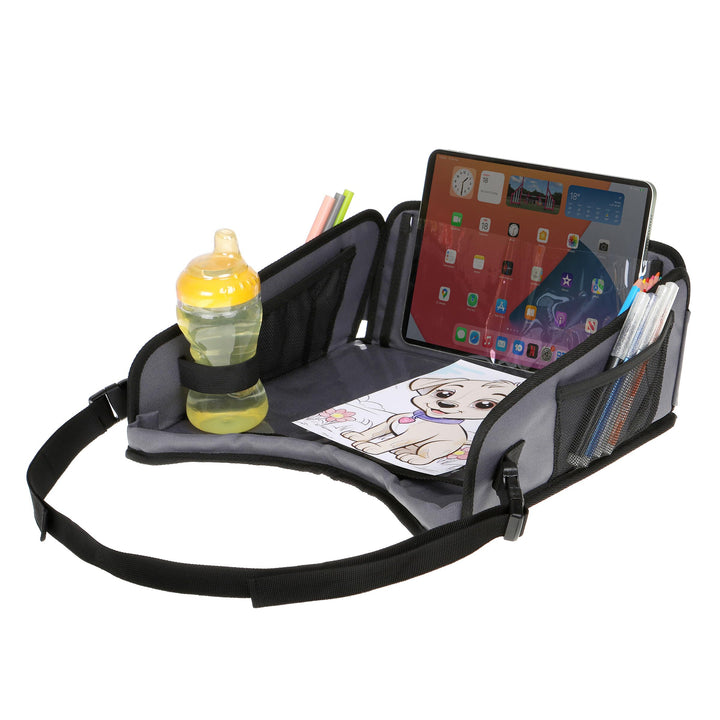 Dreambaby tray front view showing organized surface and straps for tidy travel