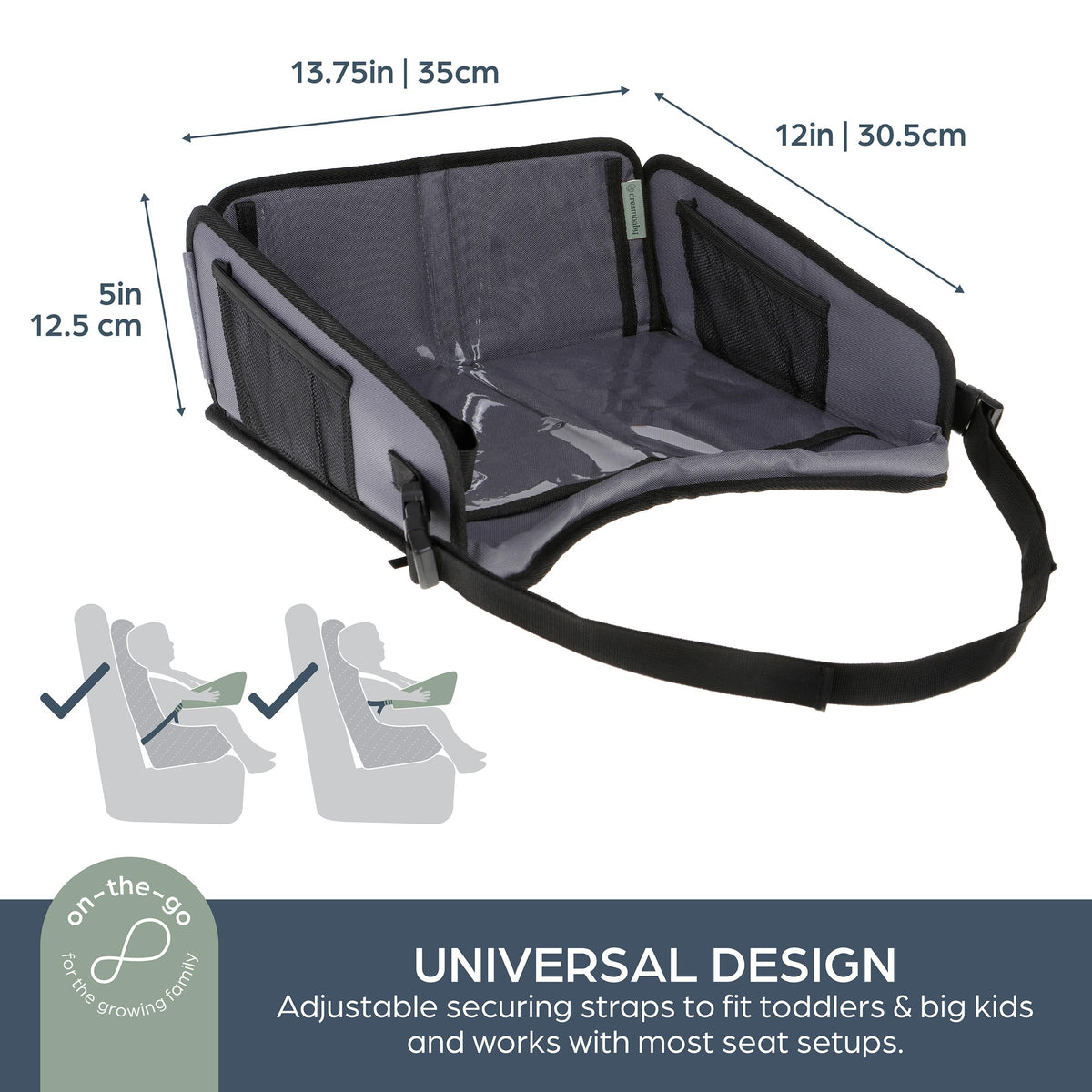 Dreambaby tray pockets holding crayons snacks and small toys for easy reach