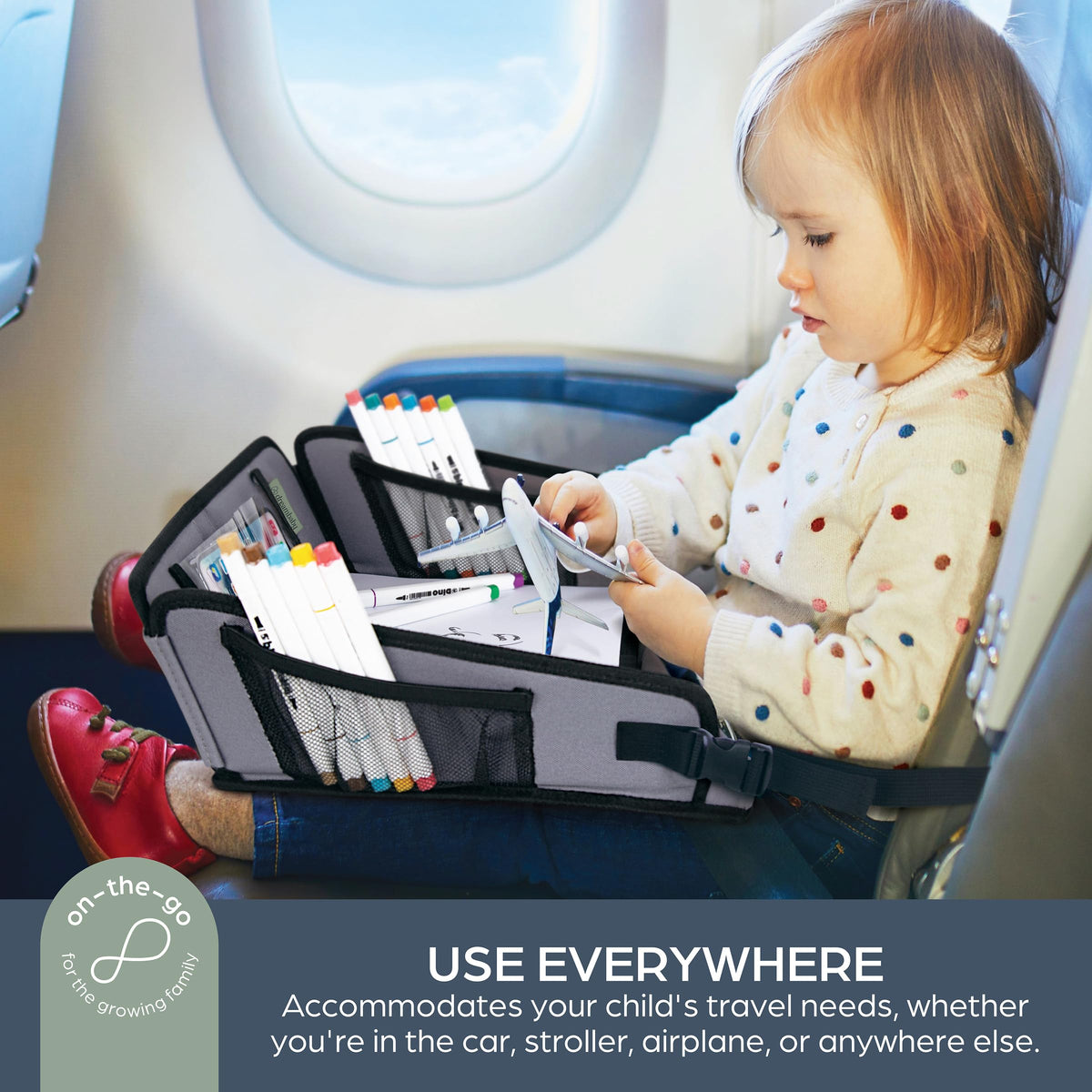 Dreambaby tablet placed in holder for hands-free viewing while traveling